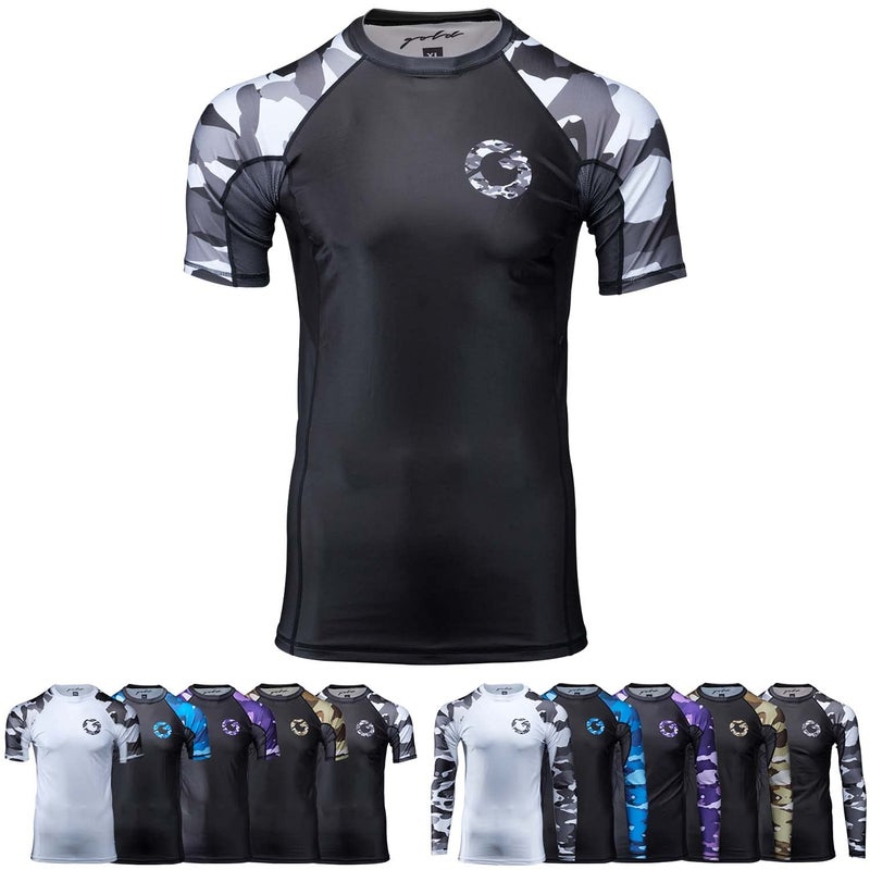 Gold BJJ Jiu Jitsu Rashguard - Camo Short Sleeve Rash Guard Compression Shirt for No-Gi, Gi, & MMA (Black Camo, M) - Image 1